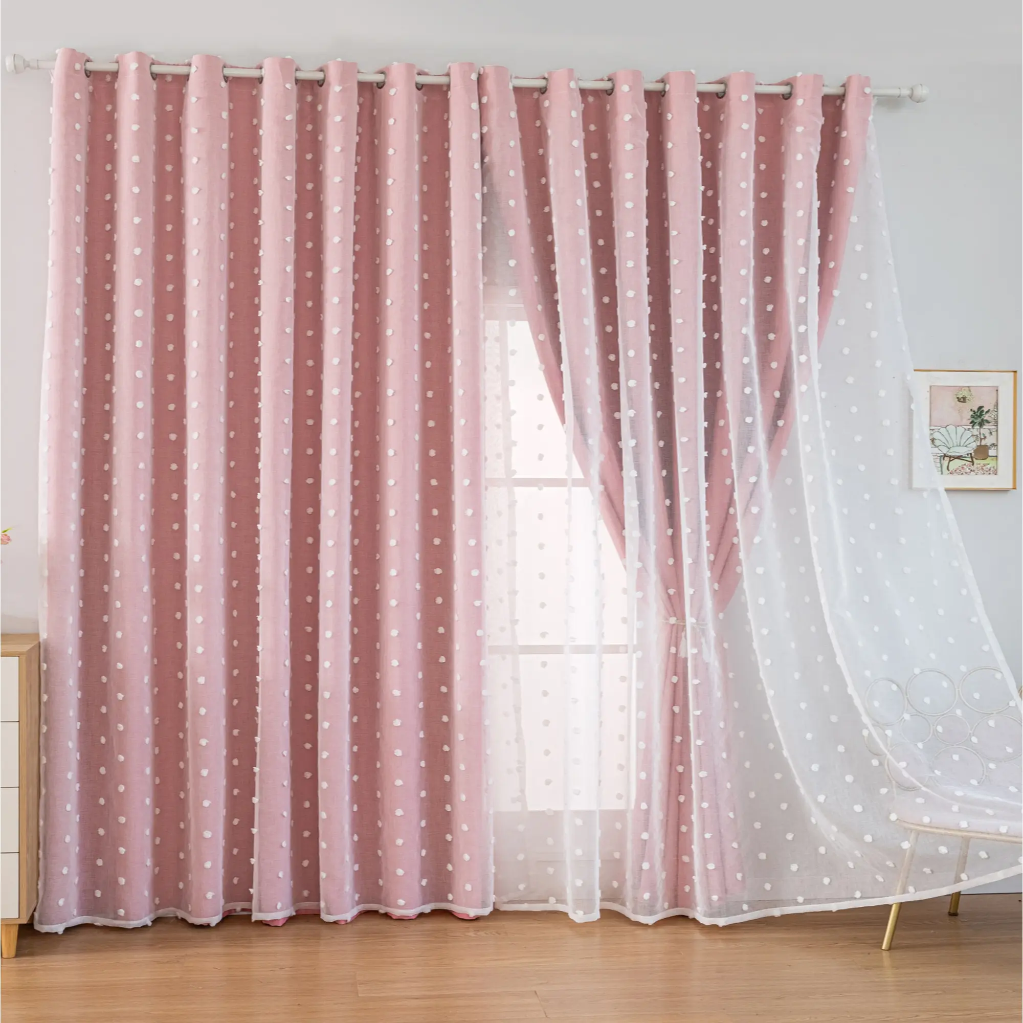 Princess-Style Double-Layer 100% Blackout Curtain with Pom Pom Design, Home Decoration Thermal Insulated Curtain, Thermal Insulation and Soundproofing for Kids Room and Living Room,Black Back