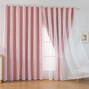 Princess-Style Double-Layer 100% Blackout Curtain with Pom Pom Design, Home Decoration Curtain, Thermal Insulation and Soundproofing for Kids Room and Living Room,Black Back