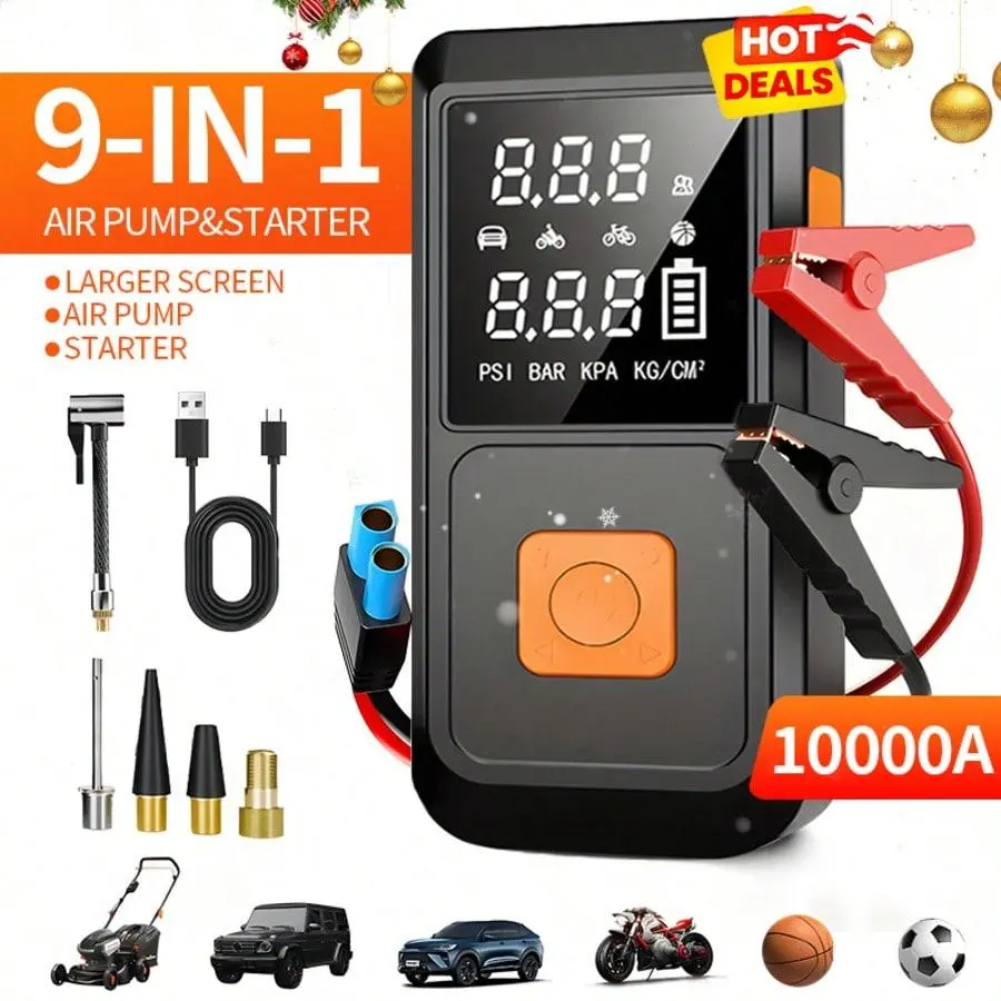 5-in-1 Multi-Tool Kit - Car Tool Kit with 18000mAh Peak Jump Starter, 150PSI Digital Tire Inflator, Fast Charging USB Output, LED Light, Portable for 10L Gas/9.0L Engines, EVA Bag, Camping Outdoor Vehicle Accessory Gift for Men, Car Accessory, Automotive