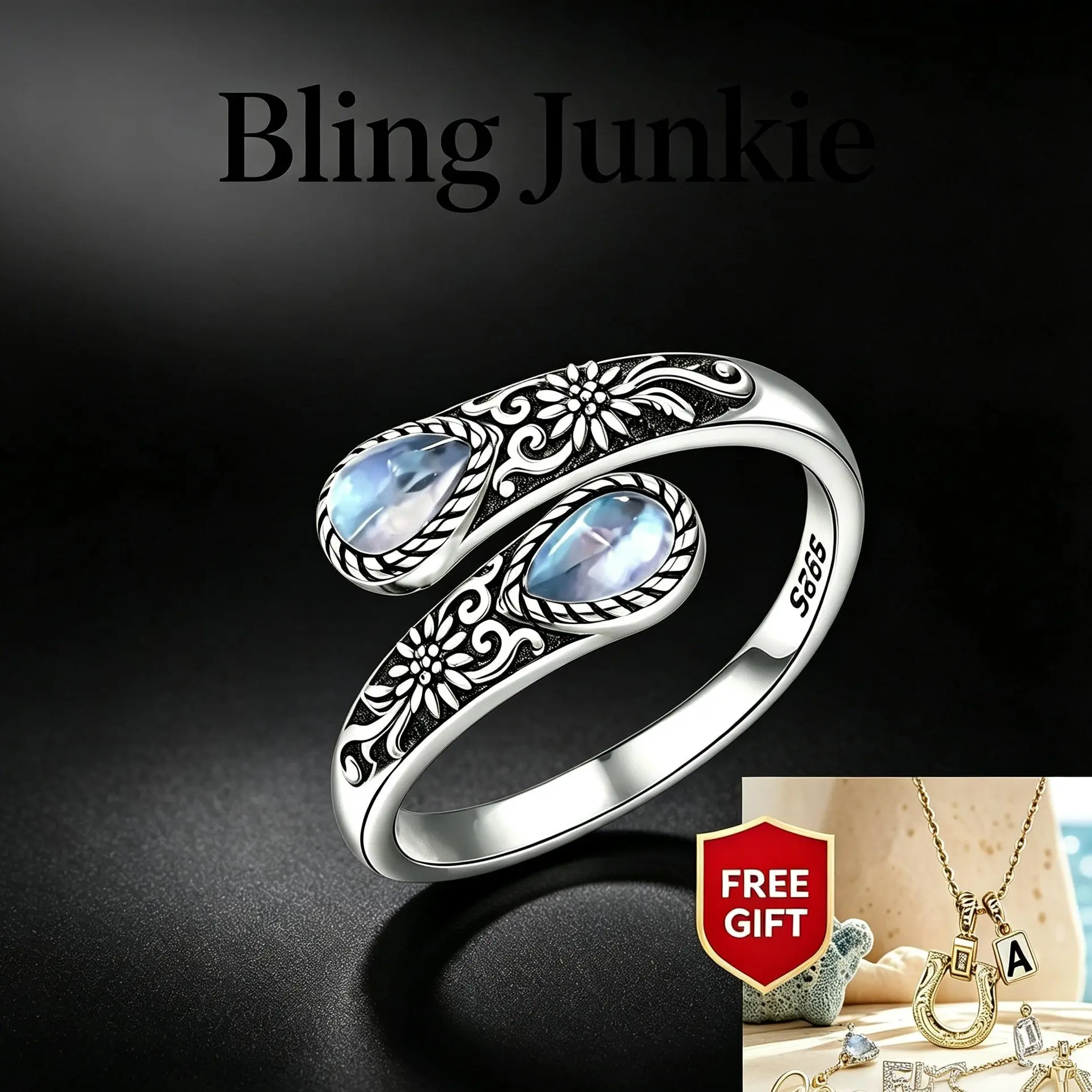 S925 sterling silver exquisite moonstone ring — vintage Victorian style, adjustable thumb jewelry for women, green evil eye ring with heart motif, spoon ring, suitable as a jewelry gift rings for women vintage ring,finger ring promise ring for gf