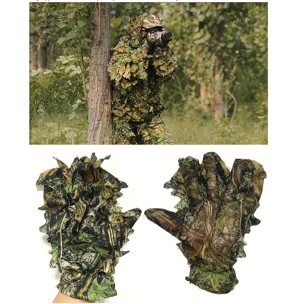 Outdoor Hunting Camouflage Gloves, 3D Bio-Leaf Pattern, Jungle Photography Birdwatching Gloves, Concealment Gear for Nature Enthusiasts
