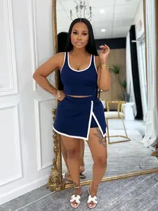USBoutiqueCHIC Y2K Contrast 2-Piece Set | Crop Tank Top & Side-Slit Skort | Summer Casual Party Street Style Slim Fit Women's Outfit