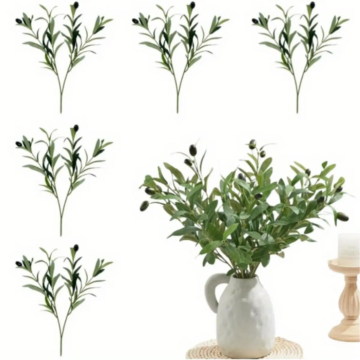 5 Pieces of Artificial Olive Branches and Green Leaves - Lifelike Dense, Vibrant Green, Used for Vase Decoration, Home and Office Decoration, Maintenance Free, Decorative Plants