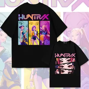 HUNTRX KPop Demon Hunters Mira Rumi Zoey Double Sided T-Shirt | Oversized Heavyweight Cotton Unisex Streetwear, Cyberpunk Neon Triple Member Art Design
