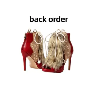 Faux Fur Peep Toe Stiletto Heel Ankle Booties - Women's Studded Lace-Up Party Heels