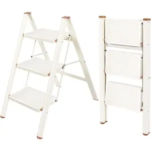 3 Step Ladder,Lightweight Folding Step Stool with Wide Anti-Slip Pedal, 330LBS Capacity, Heavy Duty,Sturdy Iron Metal Step Stool for Home, Kitchen, Closet, Adults, Cream White
