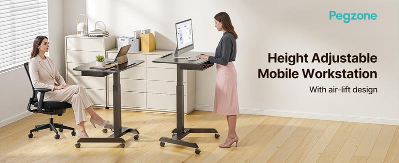 Height Adjustable Standing Rolling Desk with Wheels and Drawer, 31.5"x22" Mobile Laptop Table for Teachers, Classroom or Home Office, Black