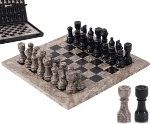 Elborse Marble Chess Set for Adults 12" Handmade Board Game with 32 Chess Pieces, 2 Extra Queens and Storage Box, Luxury Travel Game, Elegant for Home Decor