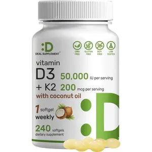 Vitamin D3 50000 IU with K2 MK7 200mcg 2 in 1 Complex with Virgin Coconut Oil Supports Heart Bone Teeth and Immune Health Easy to Swallow 240 Softgels