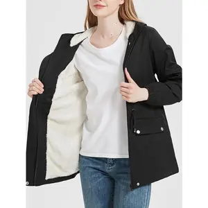 Winter Thermal Hooded Jacket - Plush Lined Zip Up Coat, Casual Long Sleeve Drawstring Waist Outerwear For Women Cozy Hooded Zip Up Jacket For Women Stylish Drawstring Waist Outerwear Women'S Thermal Winter Jacket