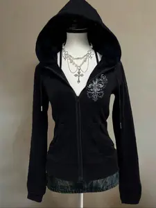 Womens Zip-Up Black Graphic Hoodie, Womenswear, Viral Edgy Goth Vibe Fleur-De-Lis Print Outfit, Soft Fabric Casual Daily Streetwear, Trendy Dark Aesthetic OOTD, Comfy Hooded Fit, Retro Gothic-Inspired Design, TikTok Fashion Top, Stylish Edgy Wear, Floral