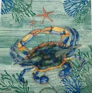 Decoupage crab paper cocktail napkin, 3 individual cocktail napkins for crafts, Decoupage napkin