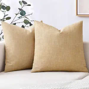 Pack of 2 Tan Faux Linen Throw Pillow Covers Square Rustic Farmhouse Decorative Burlap Pillowcases Cushion Covers for Couch Bed Sofa Living Room 18x18 Inch