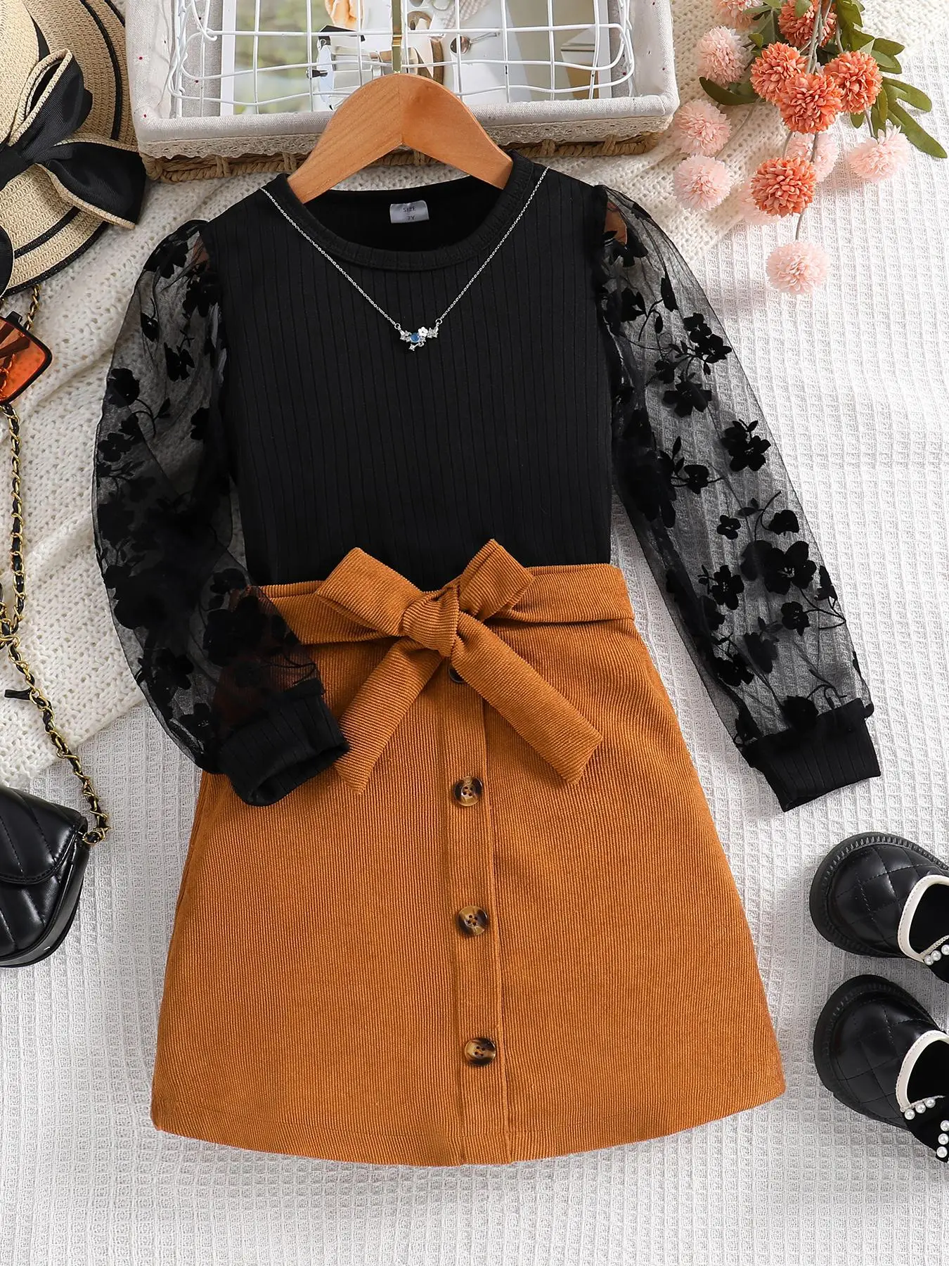 Two-Piece Set Girl's Appliques Contrast Mesh Puff Sleeve Blouse & Belted Skirt Set, Elegant Fashion Casual Round Neck Top & A-Line Skirt for Daily Out