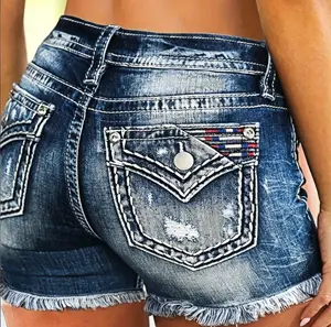 HK2004 Women's Mid-Rise Ripped Stretchy Denim Shorts, Frayed Raw Hem, Casual Womenswear Bottom Streetwear Trouser Pants Pocket