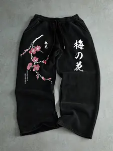 Japanese Plum Blossom Graphic Baggy Sweatpants for Men, Vintage Black Streetwear Joggers, Wide Leg Fleece Pants with Drawstring, Cozy Warm Casual Lounge Pants for Daily Wear, Gift for Anime & Harajuku Fans