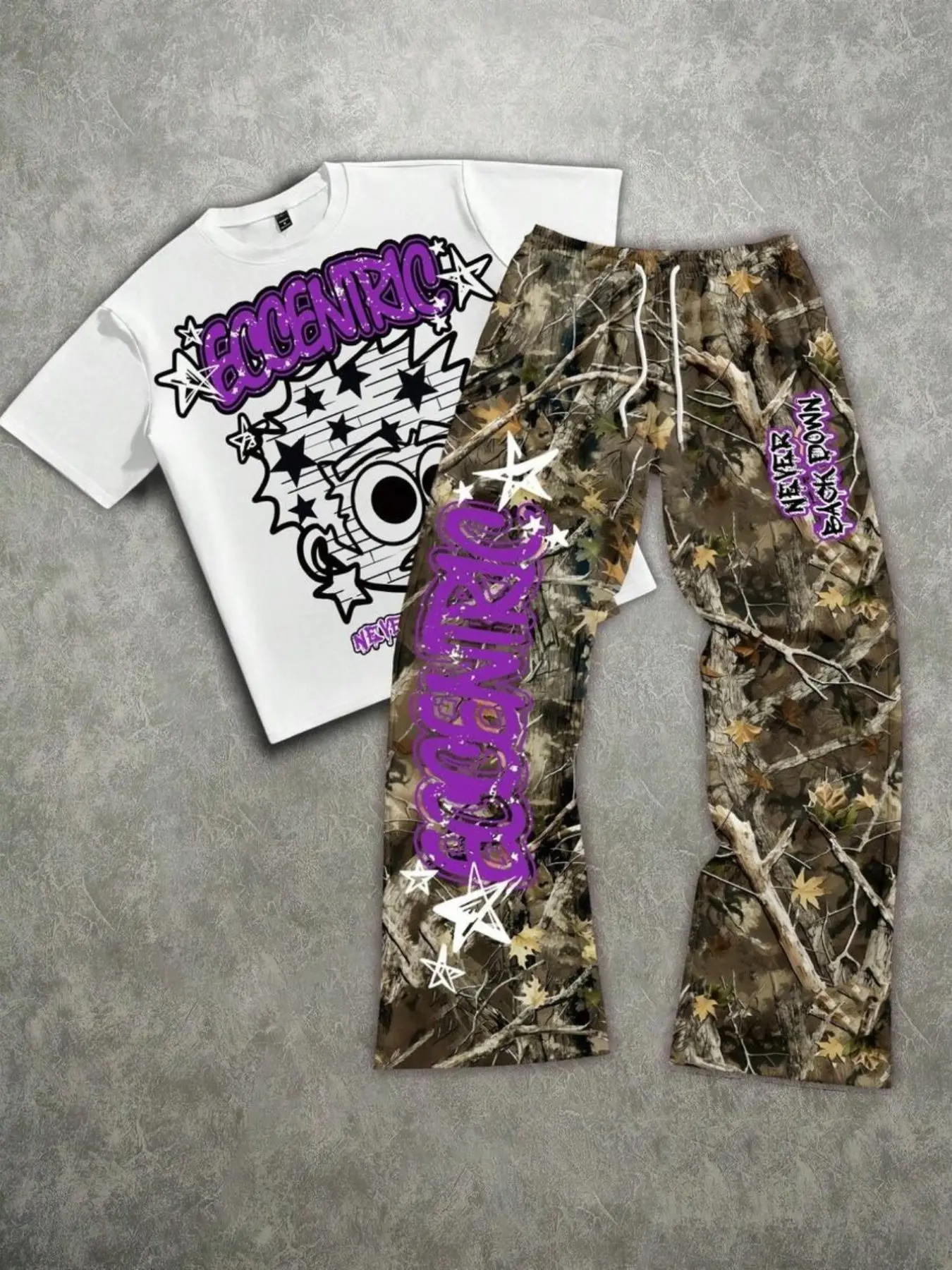 Dark Gothic-Style Retro Church Stained Glass Print Round Neck Short-Sleeve T-Shirt + Forest Camouflage Cross-Patterned Curved-Blade Sweatpants Two-Piece Set Clothes