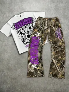 Dark Gothic-Style Retro Church Stained Glass Print Short-Sleeve T-Shirt + Forest Camouflage Cross-Patterned Curved-Blade Sweatpants Two-Piece Set Clothes