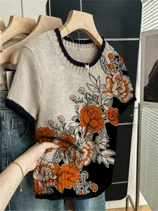 Floral Colorblock Print Round Neck Sweater, Casual Short Sleeve Knitwear for Spring Summer Fall, Comfortable Warm Women's Clothing