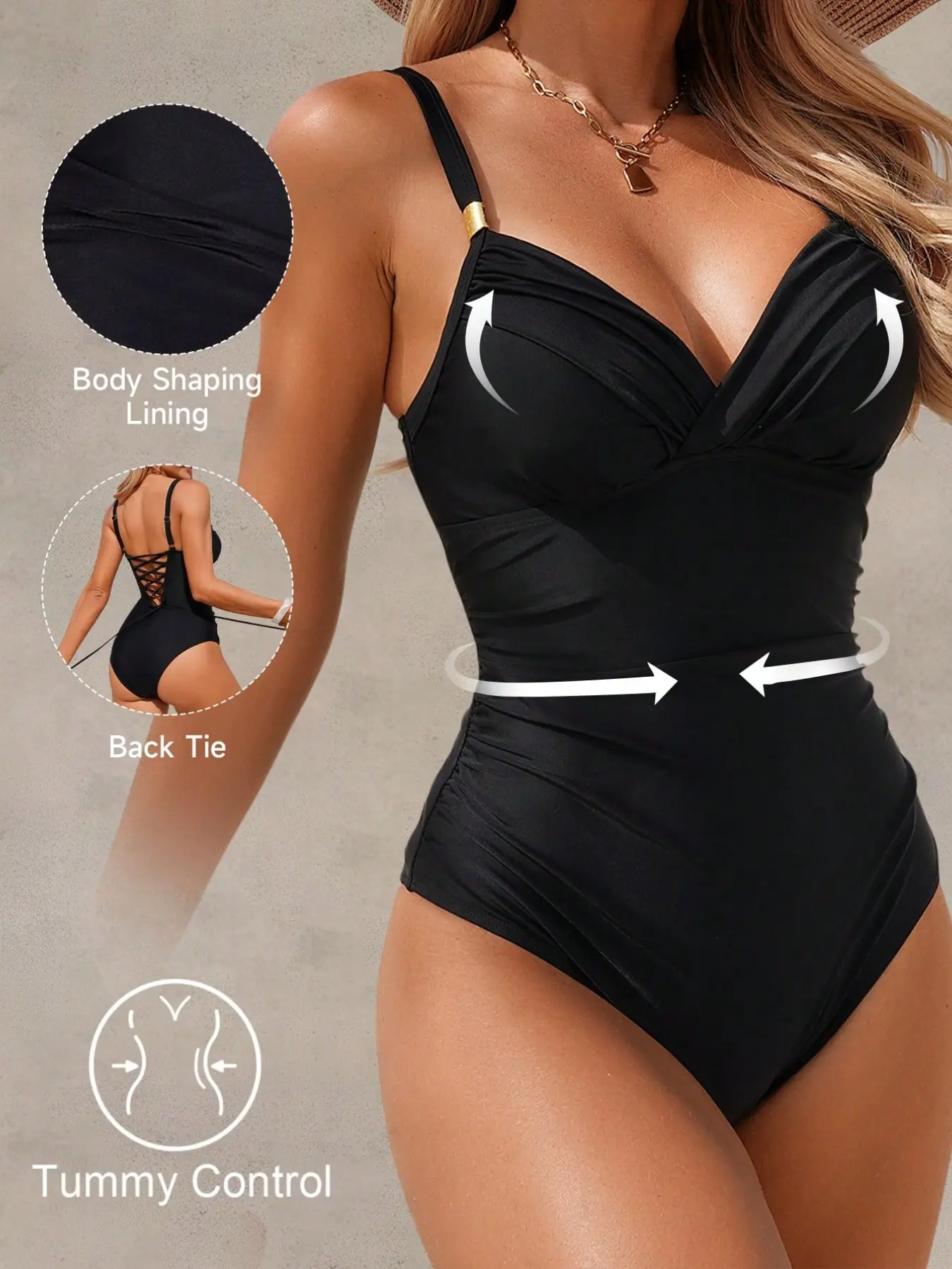 Women's One-Piece Swimsuit Deep V Neck Ruched Waist Slimming Metal Buckle Shoulder Straps Vacation Swimwear, Tummy Control Shaping Swimsuit, Swimsuits Tummy Control, Bathing Suit