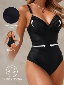 Women's One-Piece Swimsuit Deep V Neck Ruched Waist Slimming Metal Buckle Shoulder Straps Vacation Swimwear Tummy Control Swimsuits