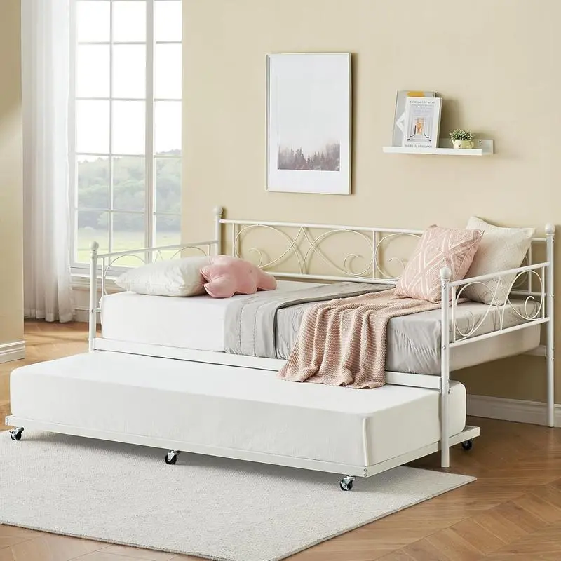 Gaomon Twin Daybed with Metal Trundle Frame, Heavy-Duty Slats, Classical Flower Motif, Quick Setup, Storage Space, White Space-Saving Outdoor Furniture for Living Room, Father's Day Gift, Metal Frame