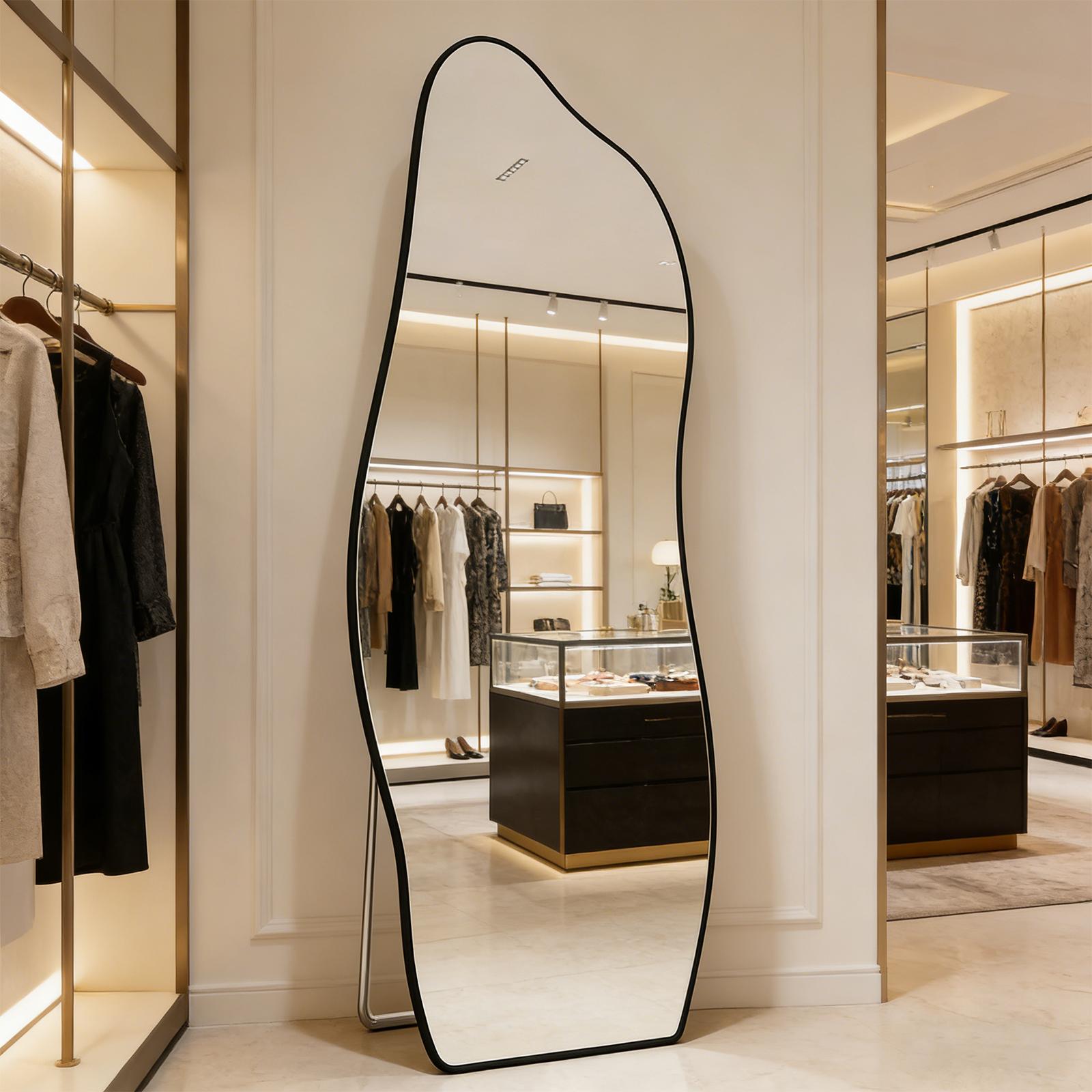 17569H01-Irregular Wavy Full Length Mirror, Tempered Glass Asymmetrical Body Mirror, Modern Aesthetic Free Standing/Wall Mounted Dressing Mirror for Bedroom Closet