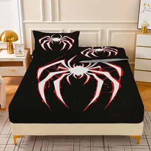 Three-Piece Polyester Printed Fitted Sheet Set 2D Flat - Red Spider Sci-Fi Pattern Soft and Comfortable for Home Office Guest Room All Seasons Including 1 Bed Sheet + 2 Pillowcases (Filling Not Included)