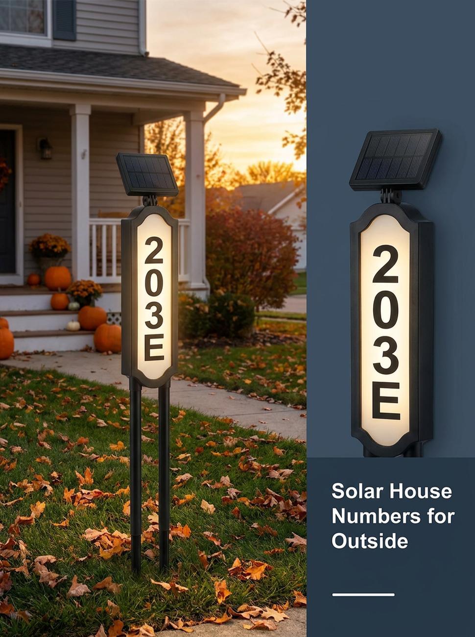 Solar Address Sign, Lighted House Numbers, Waterproof Solar Powered LED Address Plaque for Easy Delivery & Night Visibility, Outdoor Illuminated House Number Sign for Front Yard & Driveway, Wall-Mounted or Ground Stake, 3 Light Modes, #backtoschool