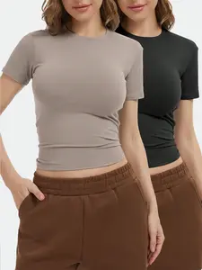 2 Pack Women's Workout Shirts Compression Short Sleeve Crew Neck Running Yoga Gym Athletic Fitted Crop T-Shirts Top