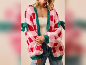 Pink Colorblock Checkered Open Front Knit Cardigan