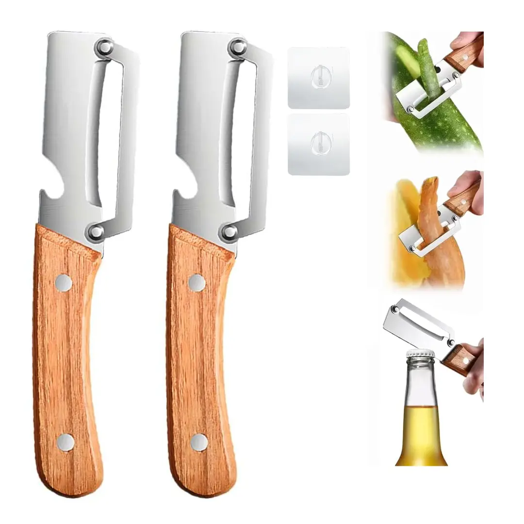 2Pcs Multi-Functional Stainless Steel Peeler with Wooden Handle - Ultra-Sharp Blade Kitchen Tool for Fruits, Potatoes & Veggies - Built-in Bottle Opener grater cheese
