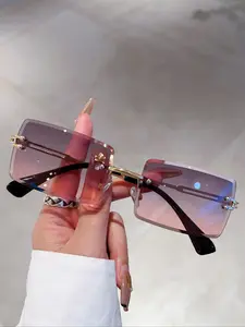 Women's New Frameless Square Fashion Glasses, Ombre Gradient Lenses, Elegant Metal Hollow Out Temple Decor, Perfect for Photography Travel, Trendy Beach Eyewear