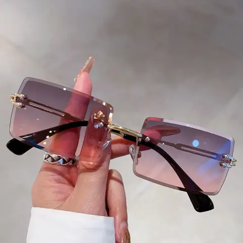 Women's New Frameless Square Fashion Glasses, Ombre Gradient Lenses, Elegant Metal Hollow Out Temple Decor, Perfect for Photography Travel, Trendy Beach Eyewear, Decorative Glasses, Stylish Glasses