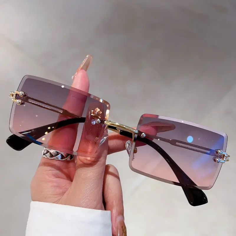 Women's New Frameless Square Fashion Glasses, Ombre Gradient Lenses, Elegant Metal Hollow Out Temple Decor, Perfect for Photography Travel, Trendy Beach Eyewear, Decorative Glasses, Stylish Glasses