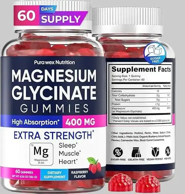 Magnesium Glycinate Gummies 400mg, High Absorption Magnesium Supplement for Women, Men and Kids, Muscle Support and Relaxation, Sugar Free, Vegan, 60 Days Supply