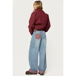 Plaid Cuffed Low Rise Baggy Jeans