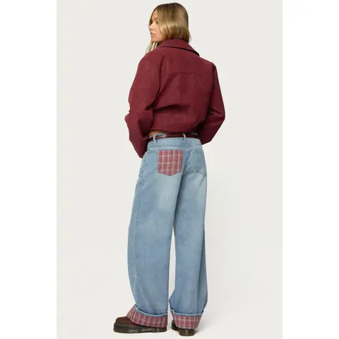 Plaid Cuffed Low Rise Baggy Jeans