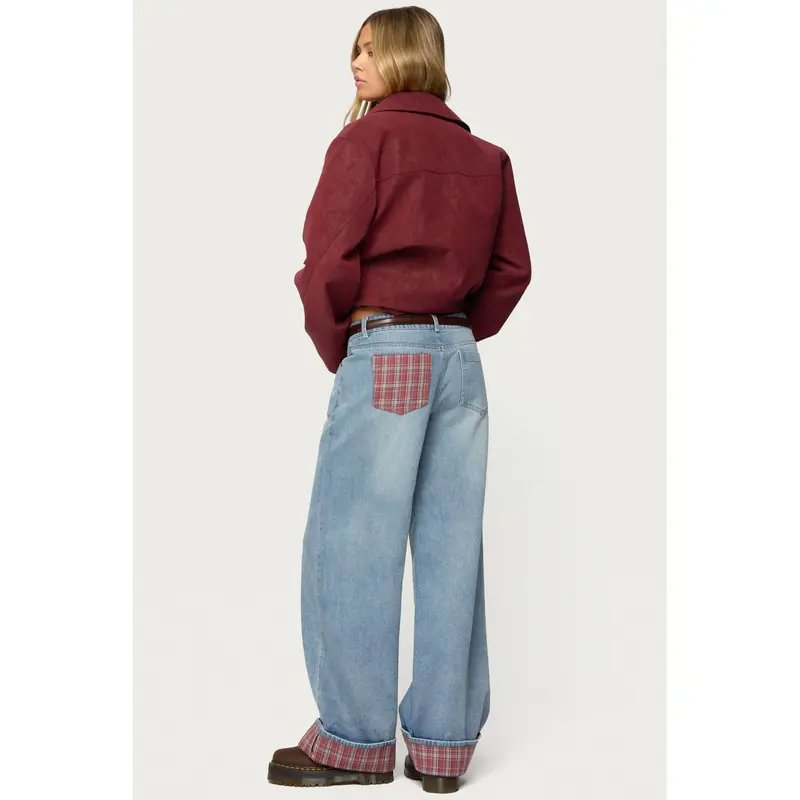 Plaid Cuffed Low Rise Baggy Jeans