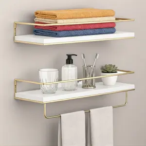 2-Pack White Floating Shelves with Gold Towel Bar Wall Mounted Cedar Wood Storage Rack Moisture Resistant for Bathroom Organization