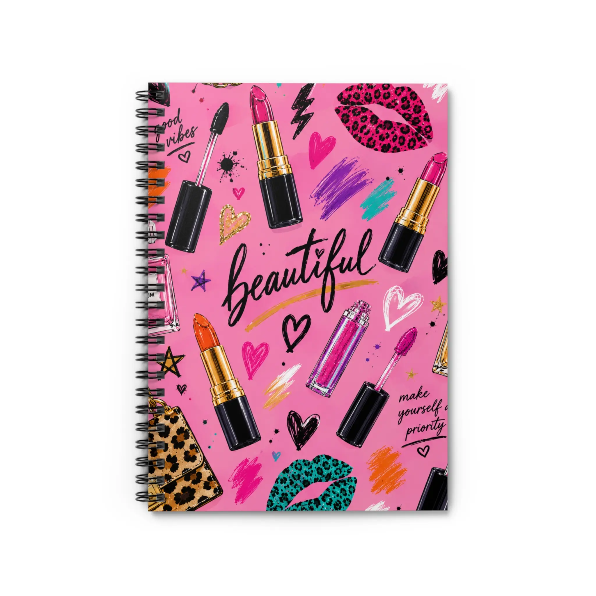 Makeup Lipstick Pattern Spiral Notebook, 6 x 8 in College Ruled Journal, Office Stationery Journaling Supplies for Sketchbook Ideas