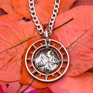 Mountain Hikers Compass Necklace, Etched Artistic Nature Design, Moon and Stars, Nautical Outdoor Jewelry, Hand Cut Silver Coin
