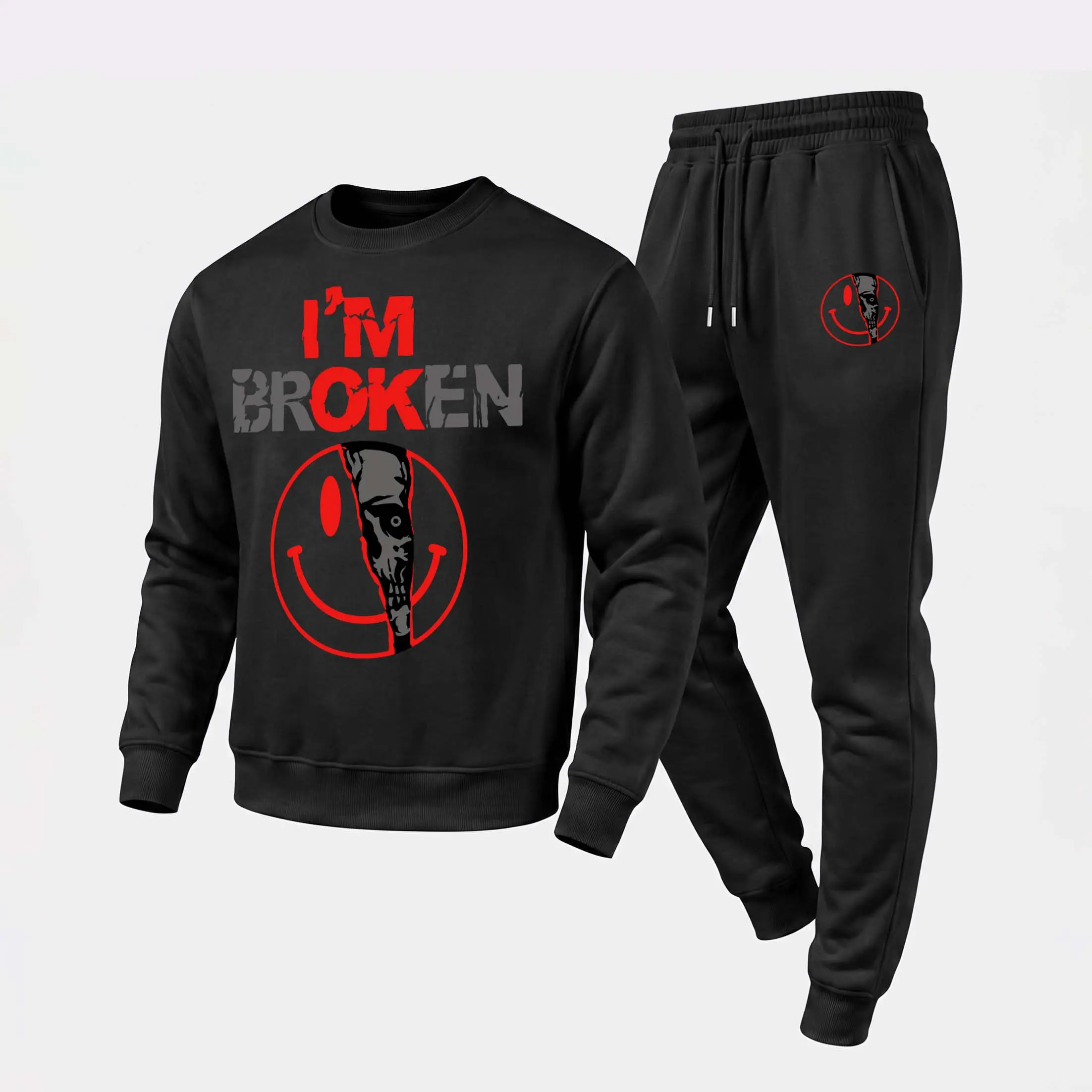 Men's 2-Piece Crew Neck "I'm Broken" Smiley Face Graphic Sweatshirt & Jogger Set, Menswear Men’s Clothes with Loose Minimalist Athletic Fabric, Casual Long-Sleeve Pullover & Drawstring Pants for Fall Winter Lounge, Workout