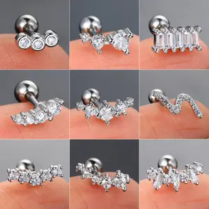 Long Strip Earrings for Women Piercing Daith Rook Zircon Geometric Silver Color Ear Accessories Screw Stud Helix Jewelry Gifts