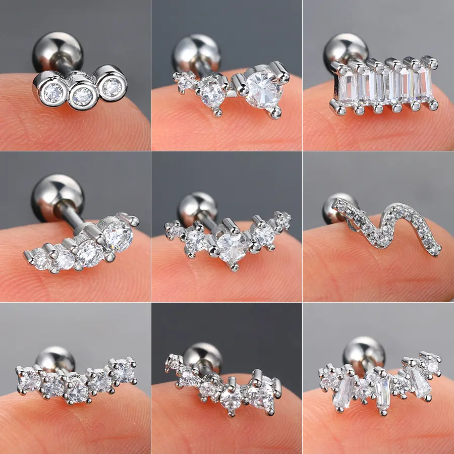 Long Strip Earrings for Women Piercing Daith Rook Zircon Geometric Silver Color Ear Accessories Screw Stud Helix Jewelry Gifts