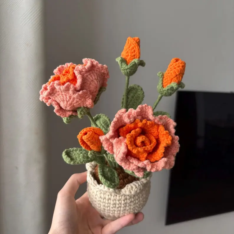Orange Rose Bouquet, Crochet Orange Rose in Pot, Knitted Roses Amigurumi, Flower Decor for Desktop, Table, Christmas Gifts for her, Mom