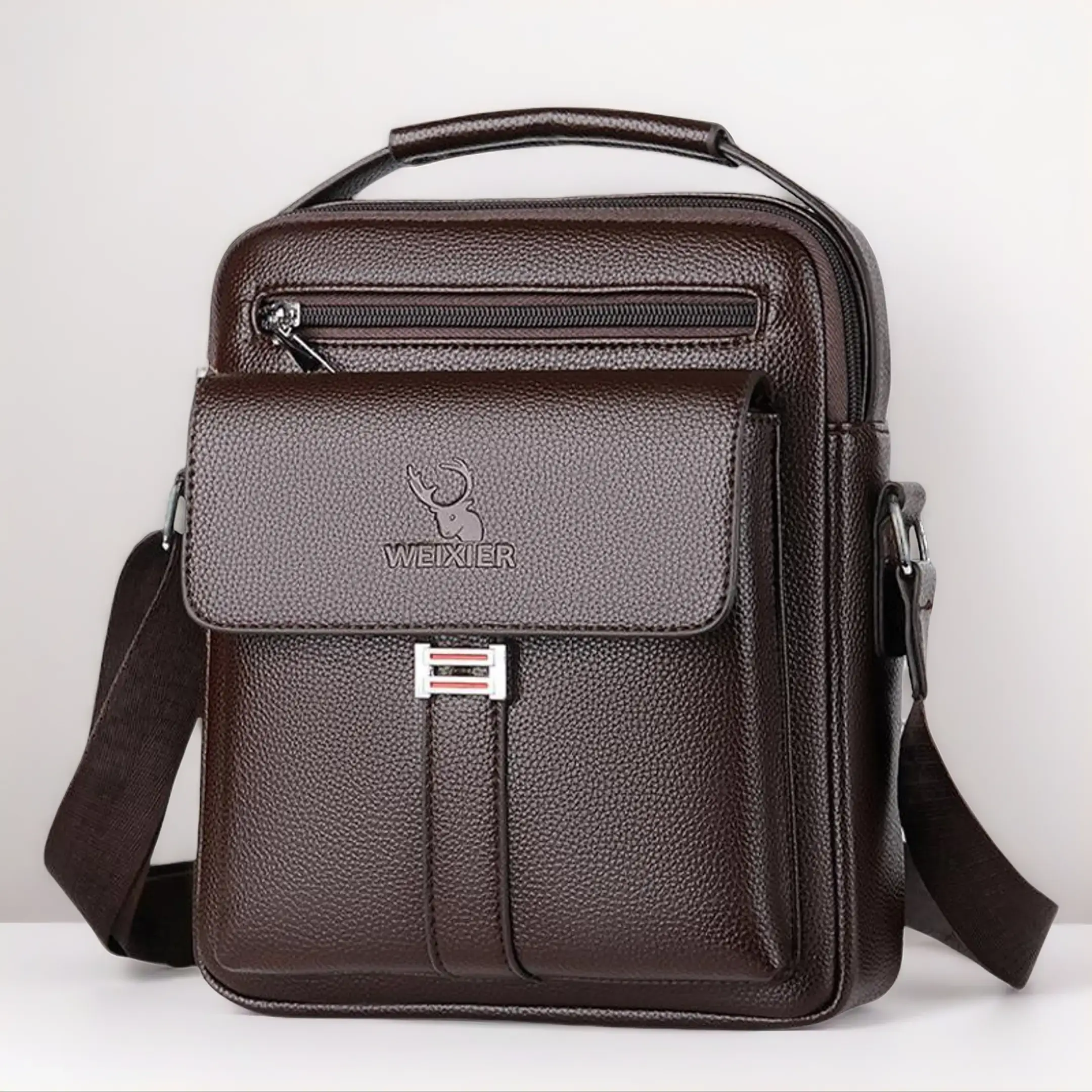 Men's Chic Retro RFID Crossbody Messenger Bag, Vintage Black PU Leather Lichee Pattern Pouch with Adjustable Strap, Top Handle, Lightweight for Work & Party, Men's Accessories, Zip Closure, Crossbody Bags, Preppy, Holiday, Elegant