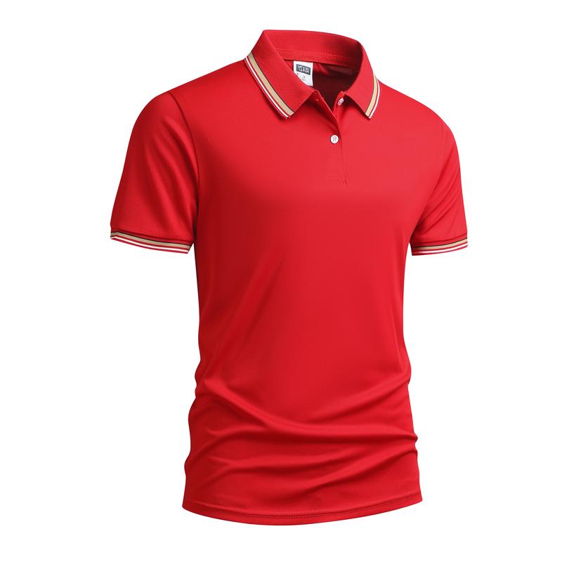 Men's Solid Black Polo Shirt with Orange & White Trim Turn-down Collar Short Sleeve Summer Versatile Business Casual Top