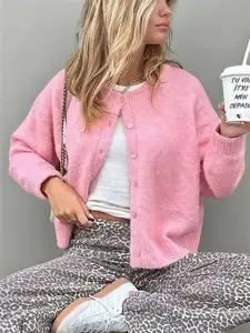 Women's Button Front Crew Neck Long Sleeve Cardigan Sweater, Autumn/Winter Casual Loose Fit Solid Color Cute Lightweight Flowy Cozy Soft Knit Cardigan, Fall Outfit for Women, Fall Clothes for Women, Womenswear, Knitwear