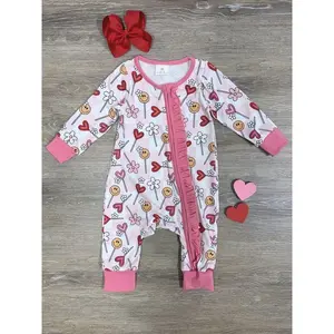 Heart Sucker for You Girls Baby Infant Zip Up Pink Trim Valentine's Day Romper